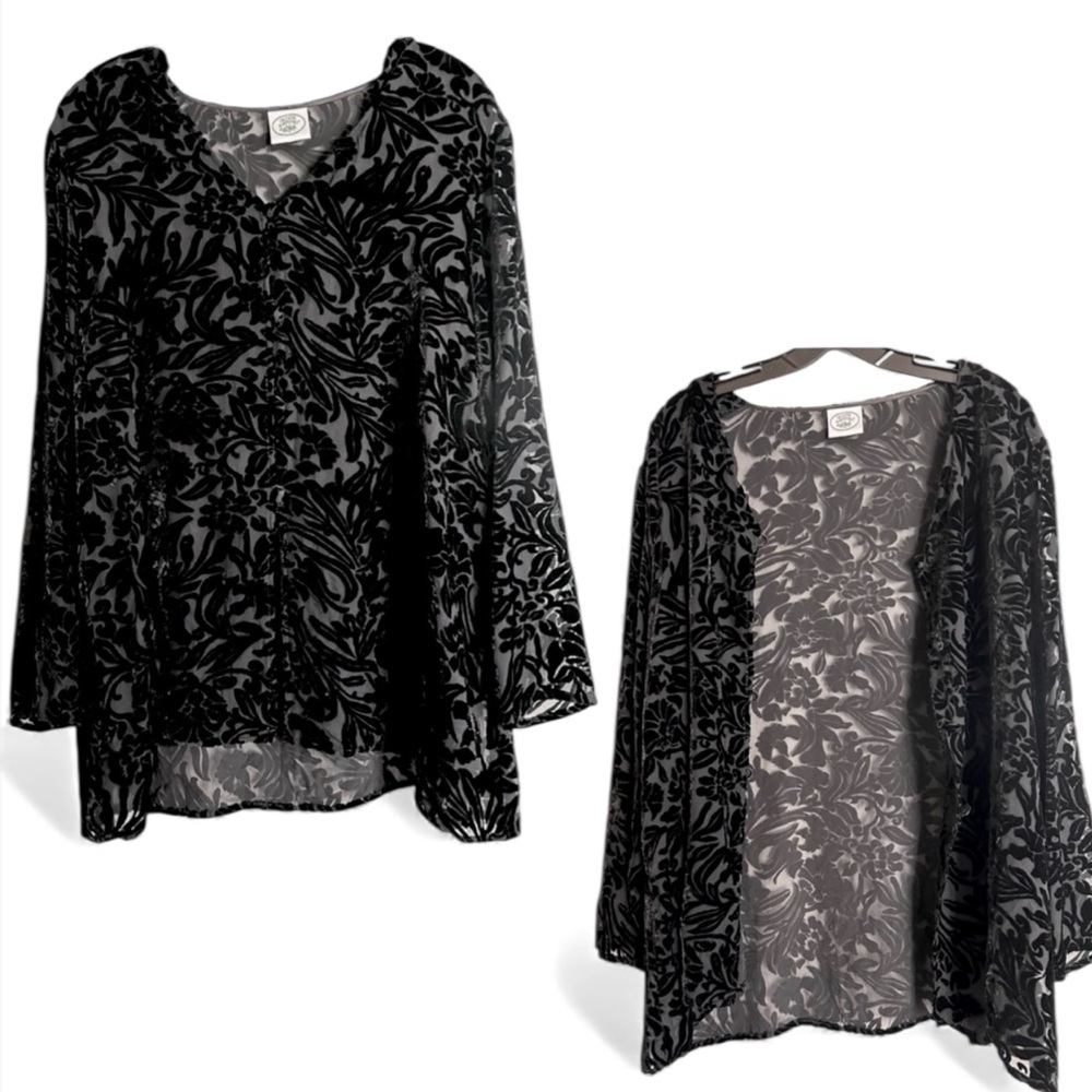VINTAGE LAURA ASHLEY 90s Burnout Velvet Sheer Button Top Whimsigoth Witchy Sz XL - Picture 1 of 11